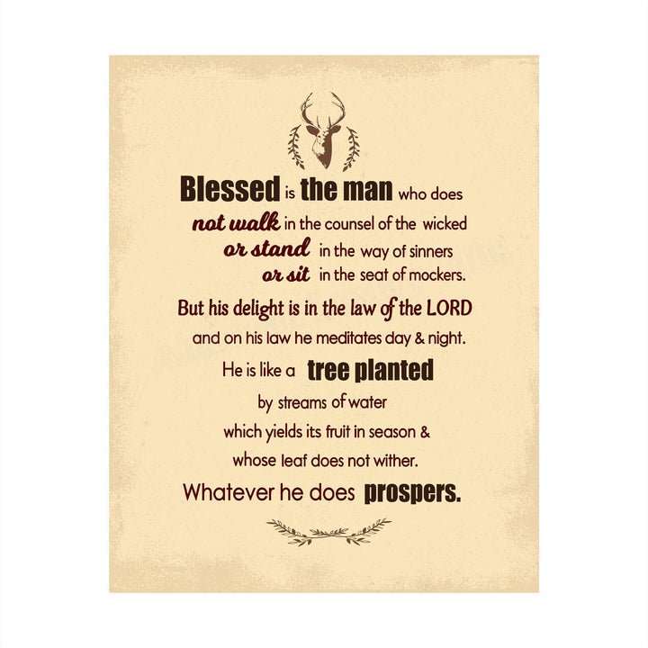 Psalm 1:1-3-"Blessed Is the Man-Whatever He Does Prospers"-Bible Verse Wall Art -8 x 10" Distressed Typographic Poster Print-Ready to Frame. Inspirational Christian Decor for Home-Office-Church.