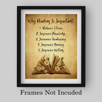 Why Reading Is Important Inspirational Quotes Wall Art -8 x 10" Vintage Floral Book Picture Print -Ready to Frame. Home-Office-Classroom-Library Decor. Great Gift & Print for Reading Teachers!
