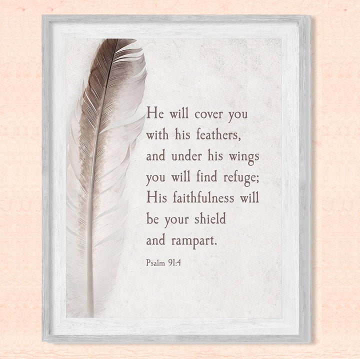 Psalm 91:4-"He Will Cover You With His Feathers"-Bible Verse Wall Art -8 x 10" Scripture Print w/Feather Image-Ready to Frame. Christian Decor for Home-Office-Church. Great Religious Gift of Faith!