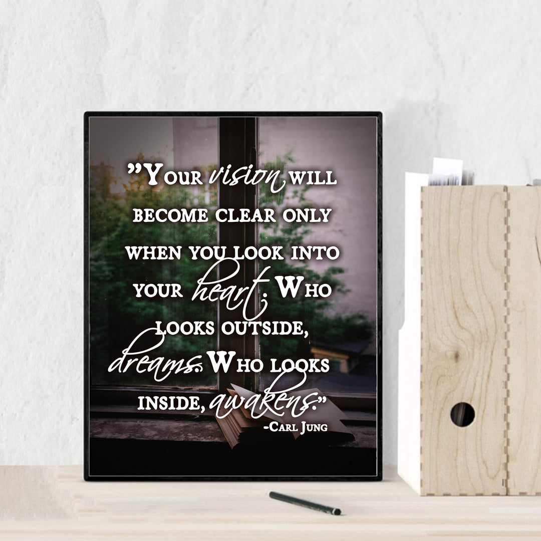 Carl Jung Quotes Wall Art-"Who Looks Outside Dreams-Who Looks Inside Awakens"- 8 x 10"-Typographic Photo Print-Ready to Frame. Home-Office-Classroom Decor. Great Philosophical &amp; Inspirational Sign!