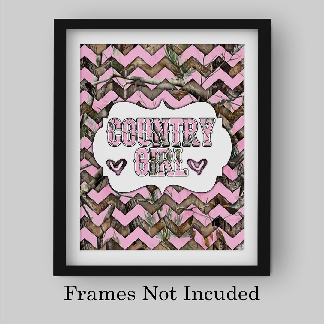 Country Girl -Rustic Inspirational Wall Art Sign -8 x 10" Western Chevron Pink Camo Print -Ready to Frame. Chic Decoration for Home-Office-Farmhouse-Dorm Decor. Cute Gift for All Southern Girls!