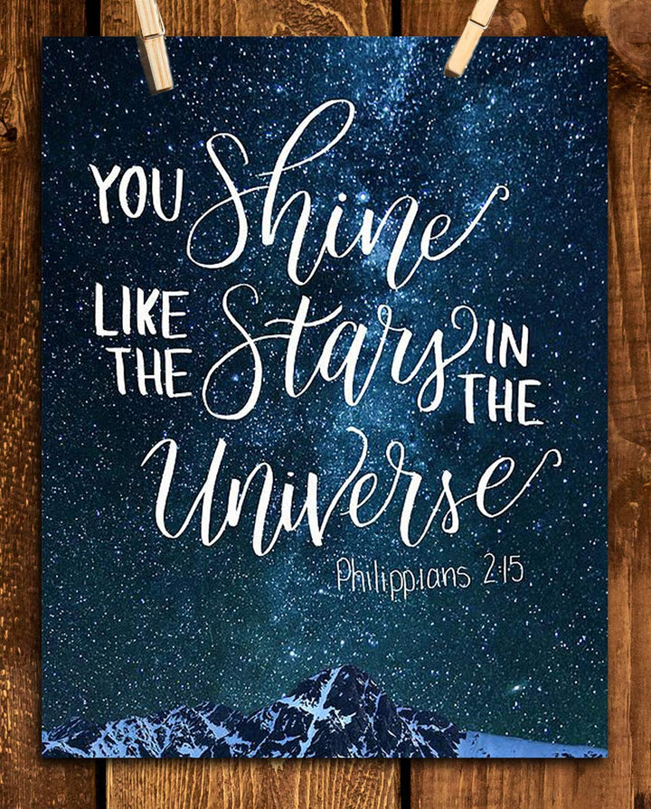 You Shine Like The Stars In The Universe Philippians 2:15- Bible Verse Wall Art- 8x10"- Modern Typographic Design- Poster Print-Ready to Frame. Home-Office-Church D?cor. Great Christian Gift.