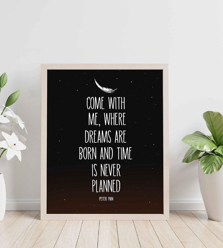Peter Pan Quotes-"Where Dreams Are Born &amp; Time Never Planned"-8 x 10 Wall Art Sign-Ready to Frame. Starry Night Typographic Print. Perfect for Home-Bedroom-Play Room Decor. Great for Peter Pan Fans!