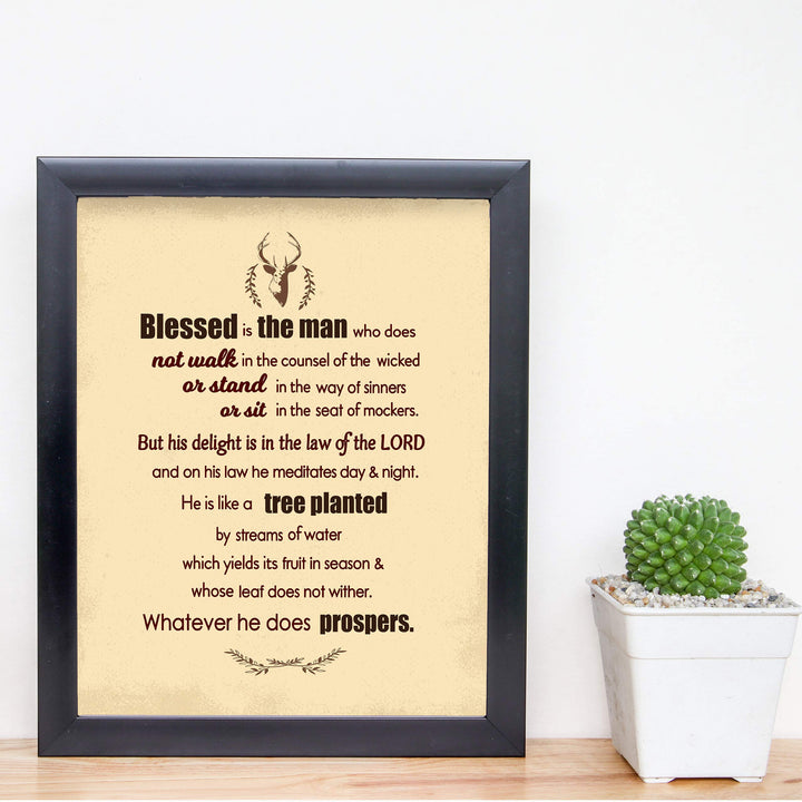 Psalm 1:1-3-"Blessed Is the Man-Whatever He Does Prospers"-Bible Verse Wall Art -8 x 10" Distressed Typographic Poster Print-Ready to Frame. Inspirational Christian Decor for Home-Office-Church.