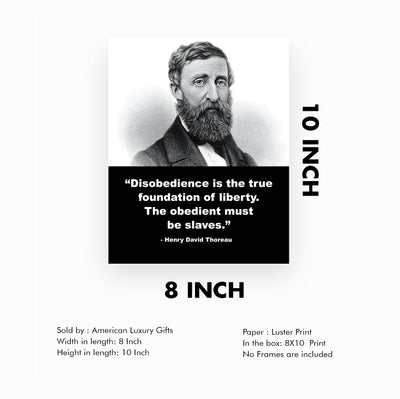 Henry David Thoreau-"Disobedience Is the True Foundation of Liberty" Inspirational Quotes Wall Art-8 x 10" Portrait Wall Print-Ready to Frame. Home-Office-School-Library Decor. Great Patriotic Gift!