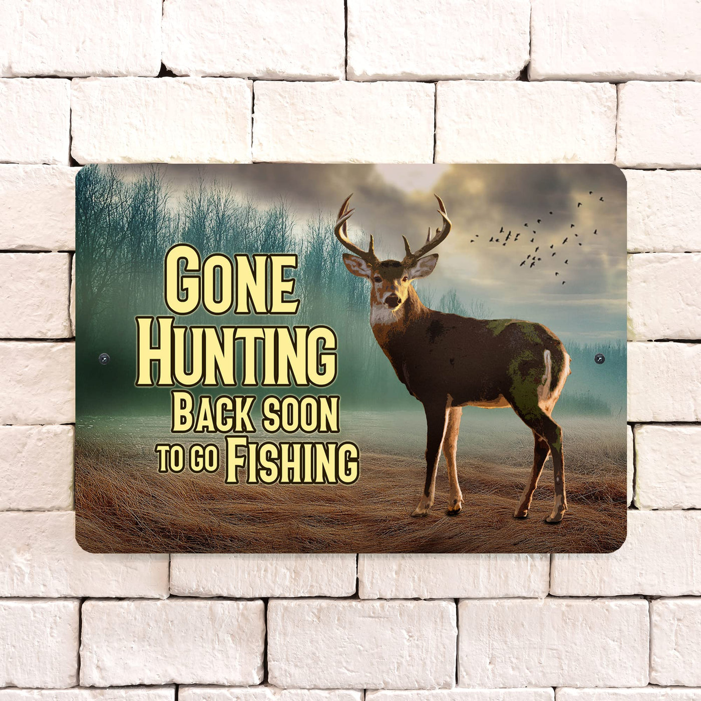 Gone Hunting -Back Soon to Go Fishing Metal Signs Vintage Wall Art -12 x 8  Funny Rustic Outdoor Hunt Sign for Lake House, Patio, Camp, Lodge - Tin