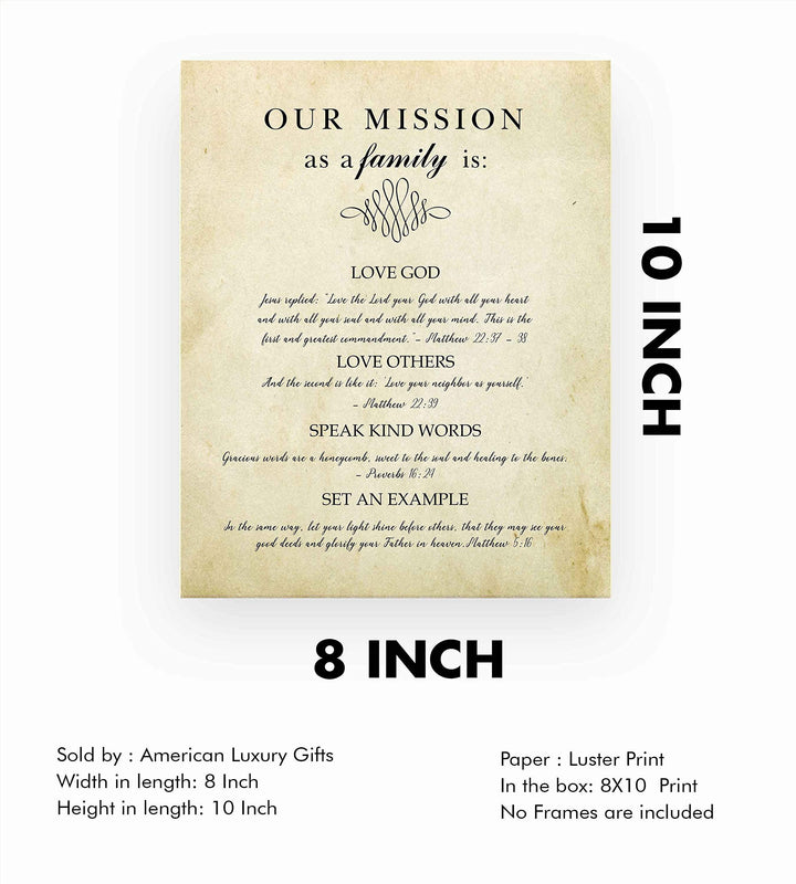 Our Mission-Bible Verse Wall Art Sign-8 x 10" Scripture Poster Print w/Replica Distressed Parchment Design-Ready to Frame. Christian Wall Decor for Home-Office-Church. Perfect Religious Keepsake!