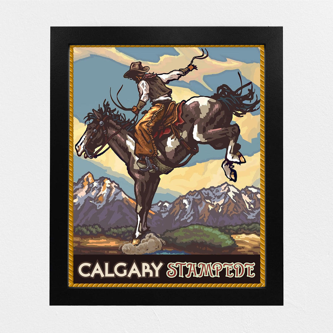 "Calgary Stampede" Cowboy Riding Horse Wall Art Sign -8 x 10" Country Rustic Rodeo Poster Print -Ready to Frame. Home-Office-Farmhouse Decor. Perfect Gift for All Cowboys &amp; Cowgirls!