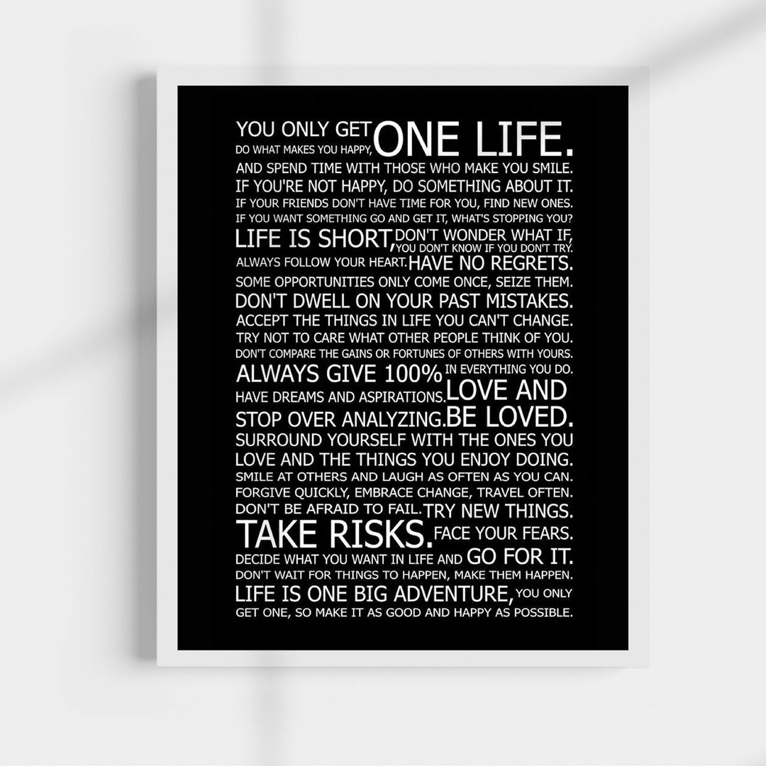 You Only Get One Life-Rules For Happy Life-Poster Print. 11 x 14" Wall Art Decor-Ready to Frame. Modern Typographic Decor For Home-Office-School. Great Reminders To Find Happiness &amp; Inspiration!