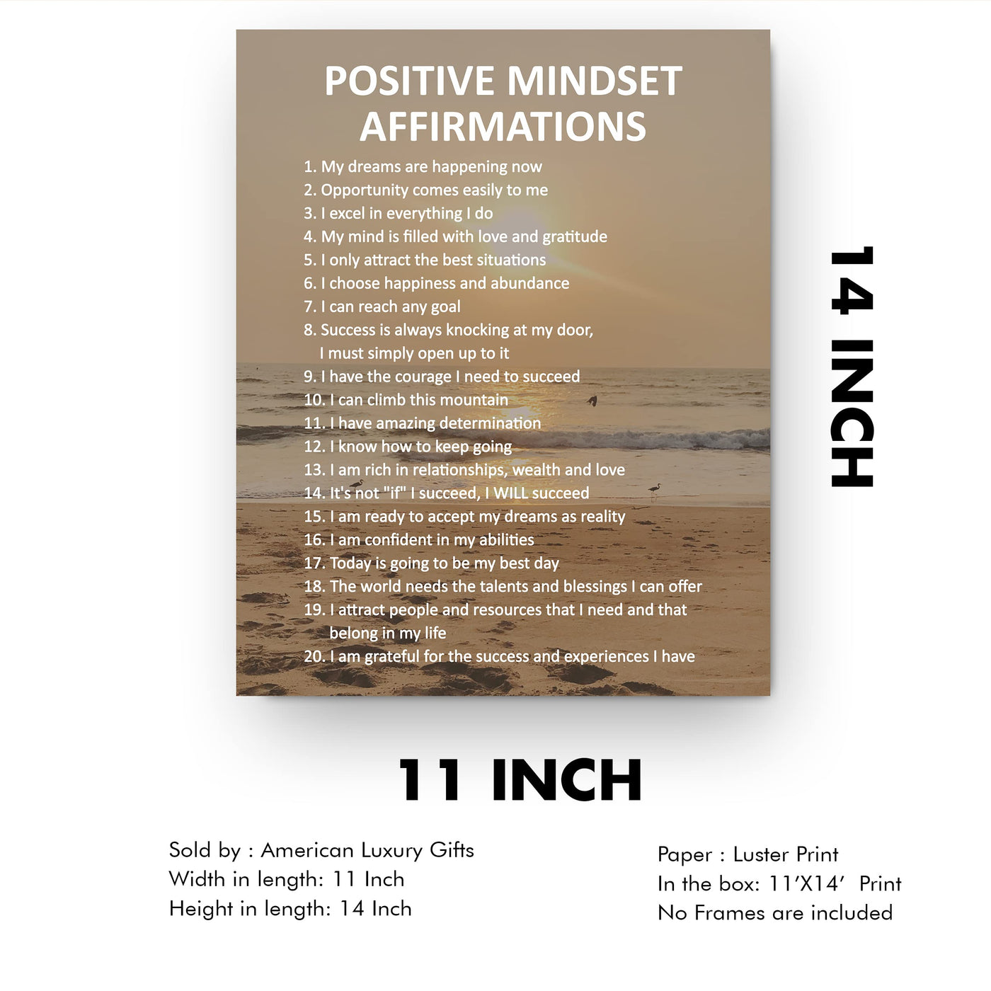 Positive Mindset Affirmations- Motivational Quotes Wall Art -11 x 14" Inspirational Beach Sunset Print Wall Decor -Ready to Frame. Wall Print for Home-Office-Ocean Themed-Zen-Meditation Decor.