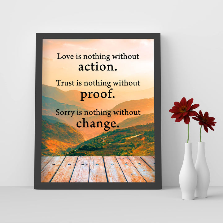 Love Is Nothing Without Action-Inspirational Life Quotes Wall Art -8x10" Mountain Sunset Photo Print-Ready to Frame. Motivational Home-Office-Cabin-Lodge Decor. Great Reminder-Gift for Inspiration!