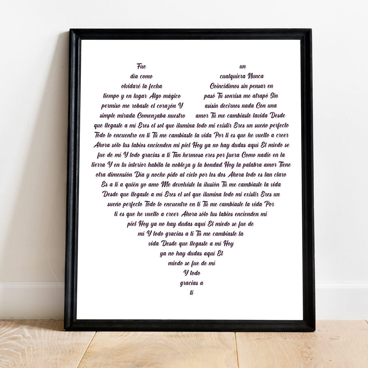 "Tu Me Cambiaste La Vida" Spanish Love Song Wall Art -11 x 14" Romantic Music Lyrics Wall Print -Ready to Frame. Loving Home-Bedroom-Studio Decor. Cute Gift for Couples &amp; Valentines!
