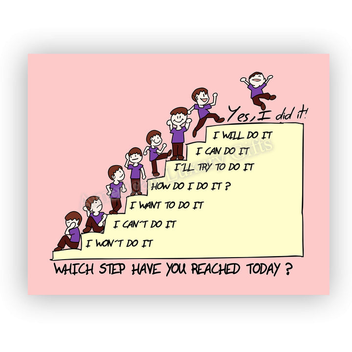 Which Step Have You Reached Today Motivational Classroom Wall Decor -10 x 8" Typographic Cartoon Art Print-Ready to Frame. Inspirational Home-Office-Desk-School Decor. Great Gift for All Teachers!