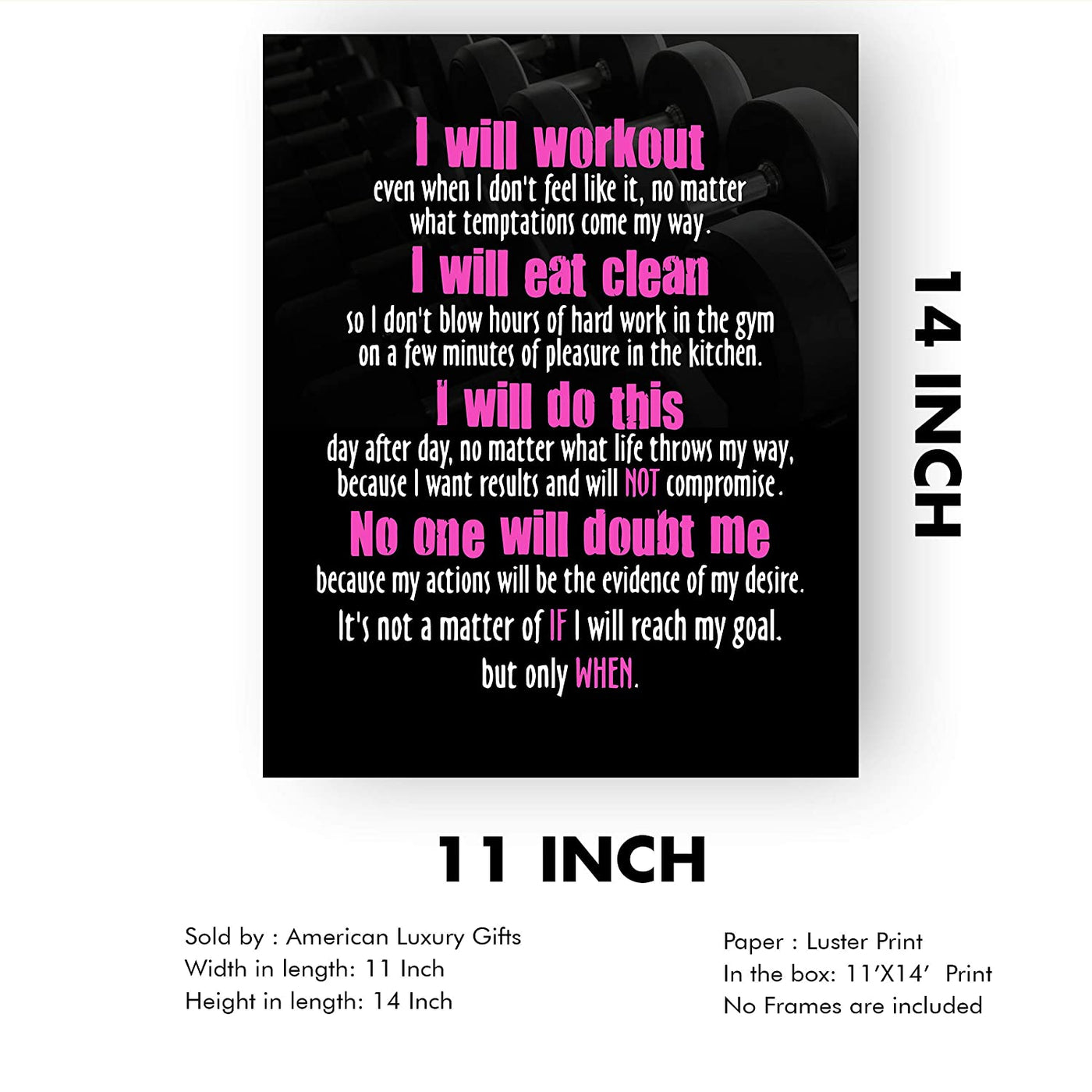 "I Will Workout & Eat Clean" Motivational Quotes Exercise Wall Sign-11 x 14"
