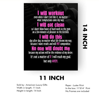 "I Will Workout & Eat Clean" Motivational Quotes Exercise Wall Sign-11 x 14"