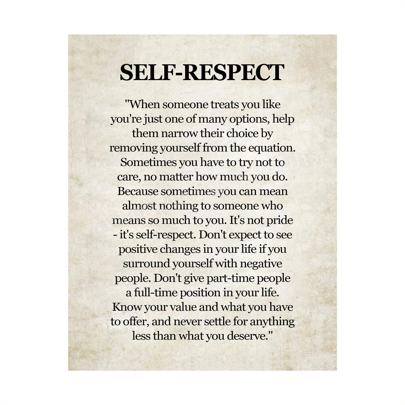 Self-Respect-Know Your Value Inspirational Quotes Wall Art Sign -8 x 10" Distressed Poster Print-Ready to Frame. Motivational Home-Office-School-Dorm Decor. Great Reminder to Inspire Self-Worth!