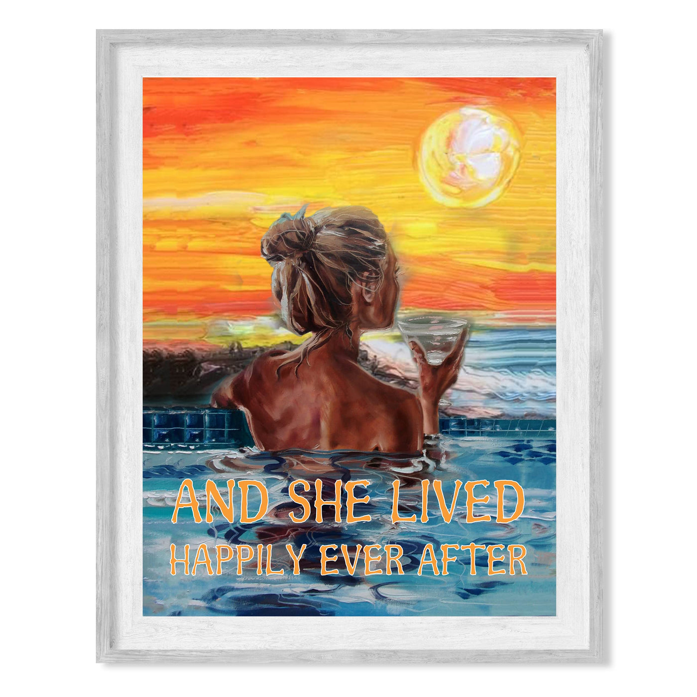 And She Lived Happily Ever After Inspirational Wall Art -8 x 10" Beautiful Tropical Sunset Painting Print -Ready to Frame. Perfect Home-Bathroom-Office-Studio-Spa Decor. Great Gift for All Women!