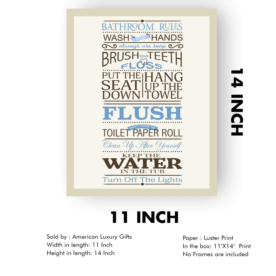Bathroom Rules: Wash-Brush-Flush-Lights- Fun Bathroom Sign- 11 x 14" Print Wall Art-Ready to Frame. Classy Home &amp; Bathroom D?cor- Housewarming Wall Print. Perfect For Guests &amp; Kids Bathrooms.
