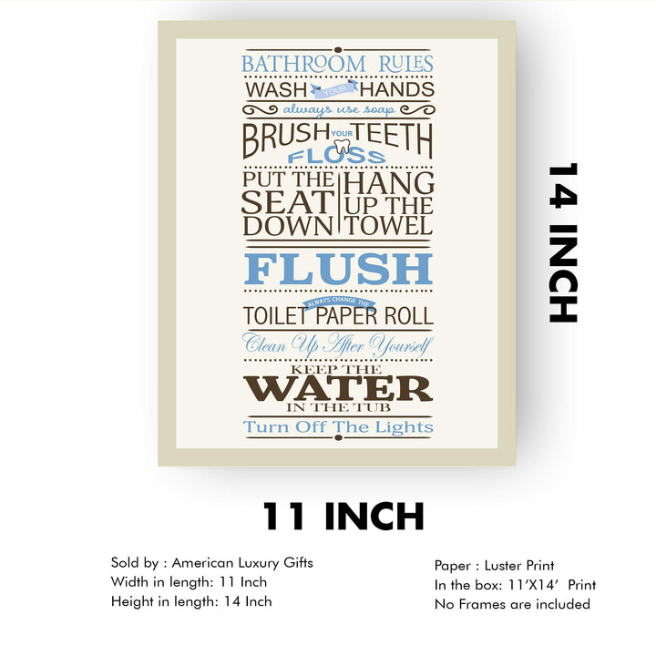 Bathroom Rules: Wash-Brush-Flush-Lights- Fun Bathroom Sign- 11 x 14" Print Wall Art-Ready to Frame. Classy Home &amp; Bathroom D?cor- Housewarming Wall Print. Perfect For Guests &amp; Kids Bathrooms.