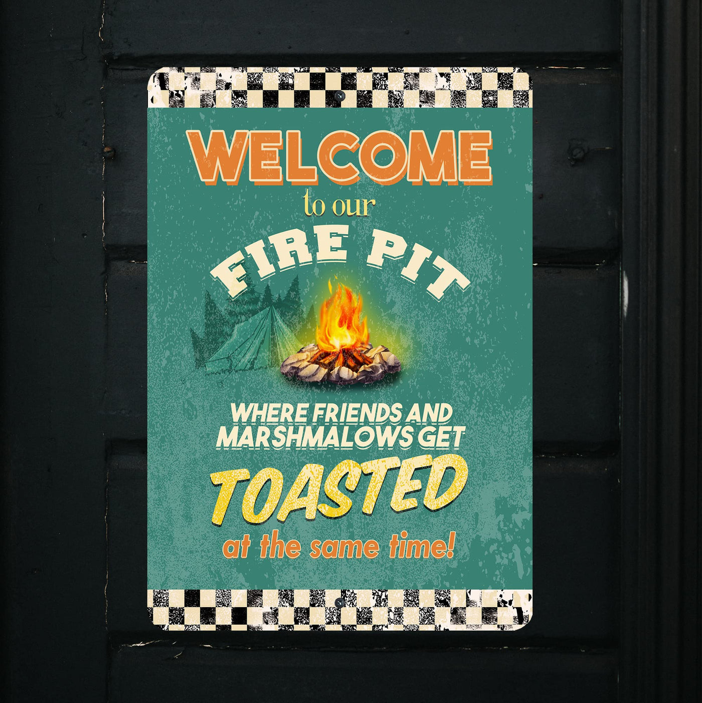 Welcome to Our Fire Pit Metal Signs Vintage Wall Art -8 x 12" Funny Rustic Outdoor Sign for Lake, Patio, Camp, Lodge - Tin Sign Decor for Home-Deck-Cabin- Mountain Themed Accessories & Gifts!