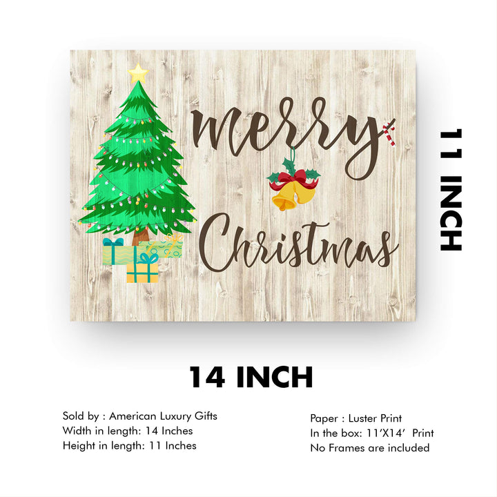 Merry Christmas Rustic Holiday Wall Decor -14 x 11" Festive Winter Art Print with Christmas Tree Image-Ready to Frame. Home-Kitchen-Farmhouse-Welcome Decor. Great Christian Gift! Printed on Paper.