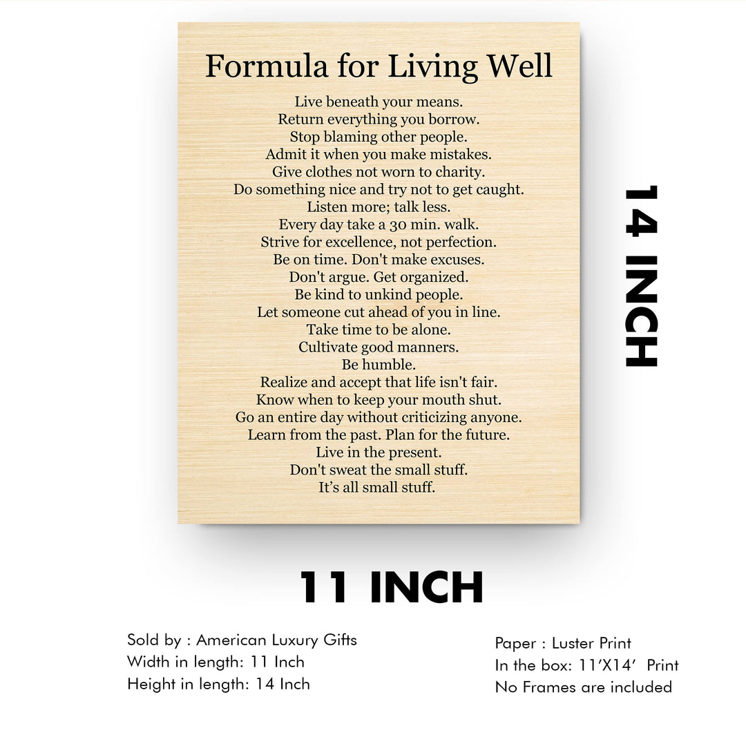 Formula for Living Well- Motivational Life Quotes Wall Art Sign -11 x 14" Modern Inspirational Typography Print -Ready to Frame. Positive Home-Office-Classroom Decor. Great Gift to Inspire Success!