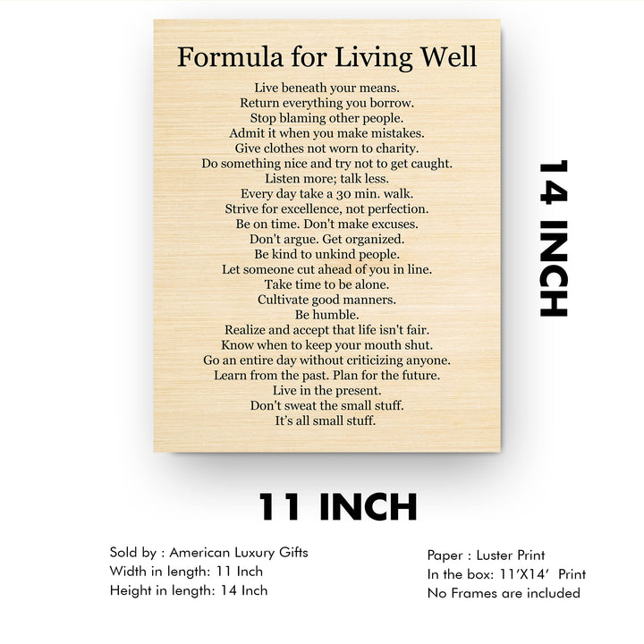 Formula for Living Well- Motivational Life Quotes Wall Art Sign -11 x 14" Modern Inspirational Typography Print -Ready to Frame. Positive Home-Office-Classroom Decor. Great Gift to Inspire Success!