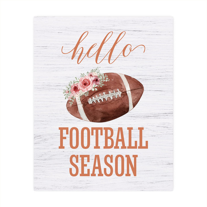 Hello Football Season- Country Rustic Fall Sports Sign- 8 x 10" Floral Wall Print- Ready to Frame. Distressed Wood Sign Replica Print. Wall Decor Perfect for Home-Office-Bar-Tailgating-Fans!