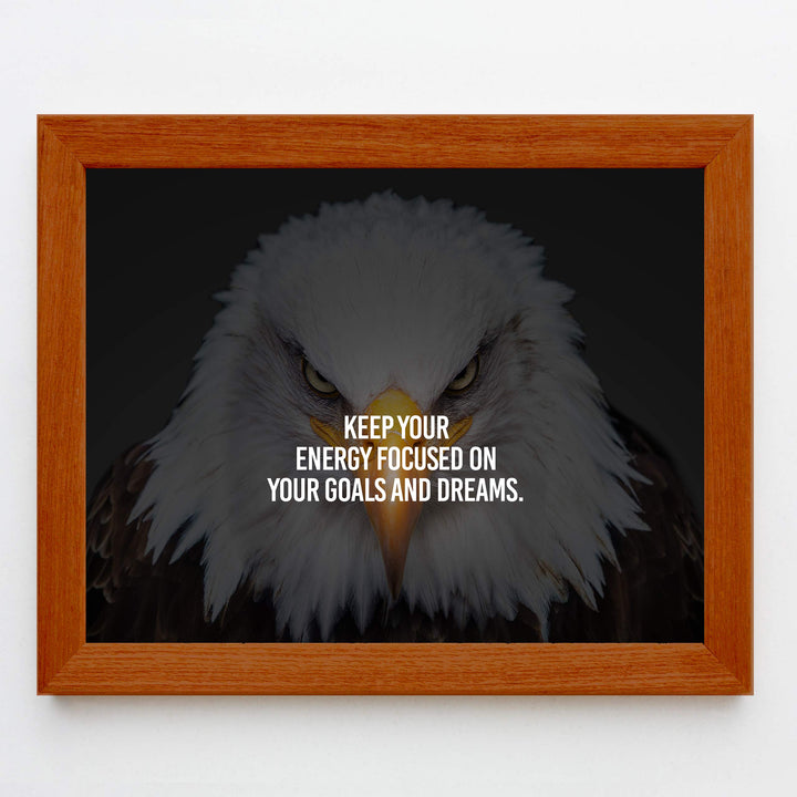 Keep Energy Focused On Your Goals &amp; Dreams Motivational Wall Art-10 x 8" Modern Typographic on Bald Eagle Photo Print-Ready to Frame. Home-Office-Studio-School-Gym Decor. Great Sign for Motivation!