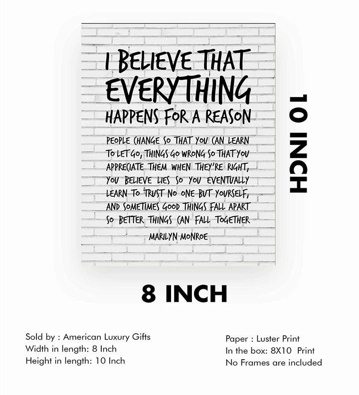 Marilyn Monroe-"I Believe That Everything Happens For A Reason"-Inspirational Quotes Wall Art-8 x 10"