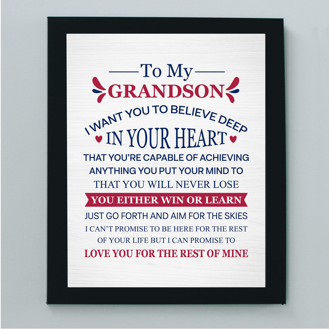 "To My Grandson - Win or Learn" Inspirational Love &amp; Family Wall Decor -8 x 10" Rustic Typographic Art Print -Ready to Frame. Home-Living Room-Office Decoration. Perfect Gift for Grandsons!