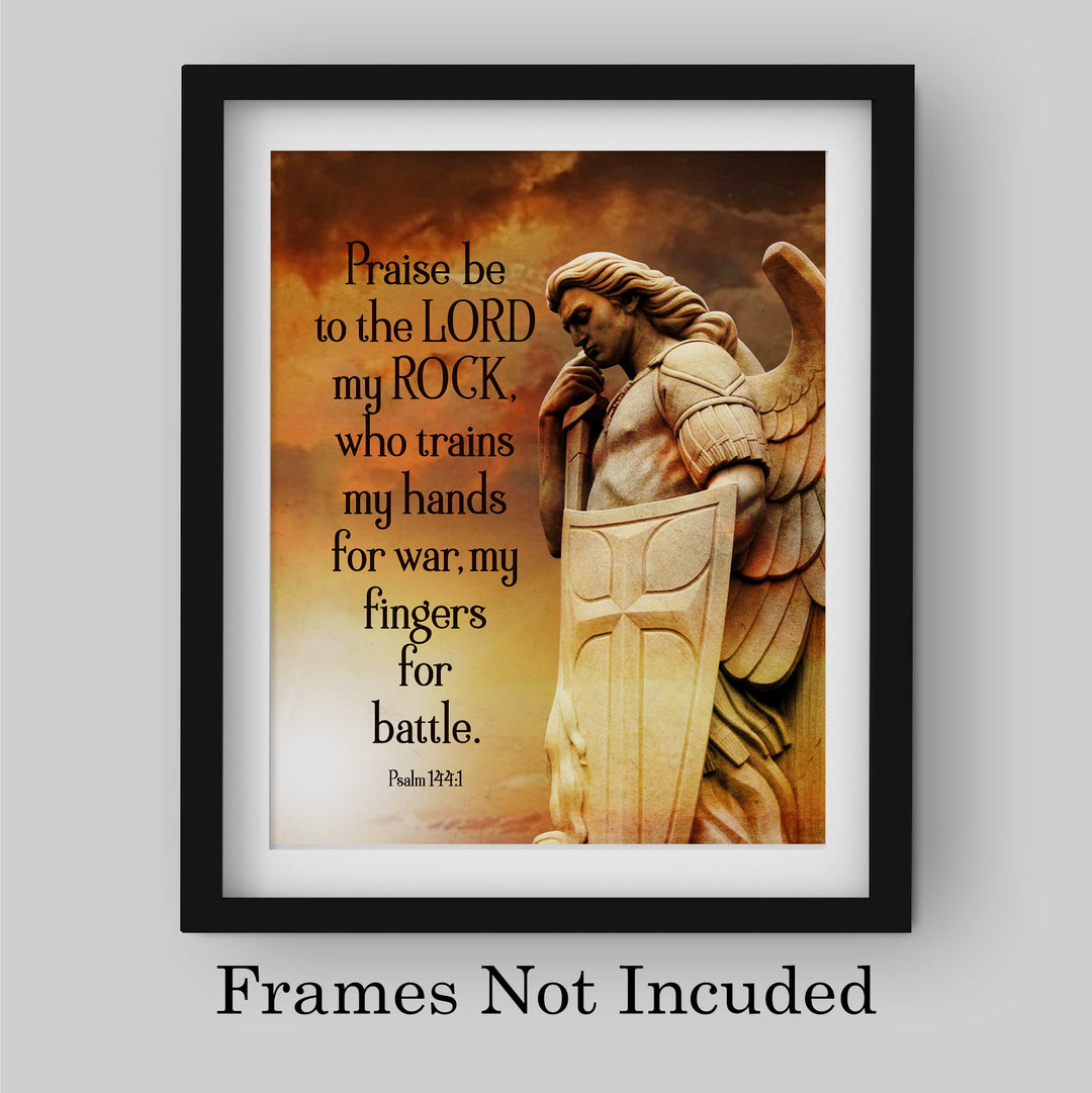 Praise Be to the Lord, My Rock-Bible Verse Wall Art-8 x 10" Scripture Print w/Angel Warrior Image-Ready to Frame. Christian Decor for Home-Office-Church. Great Religious Gift of Faith! Psalm 144:1