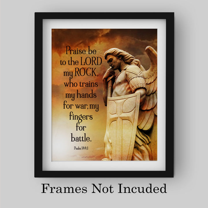 Praise Be to the Lord, My Rock-Bible Verse Wall Art-8 x 10" Scripture Print w/Angel Warrior Image-Ready to Frame. Christian Decor for Home-Office-Church. Great Religious Gift of Faith! Psalm 144:1