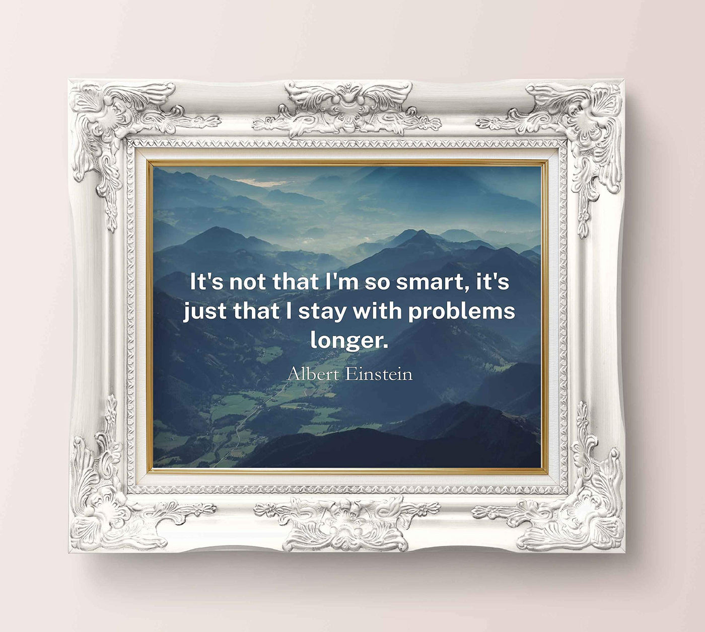 Albert Einstein Quotes-"I Stay With Problems Longer" Motivational Wall Art- 10 x 8" Inspirational Photo Print w/Mountains-Ready to Frame. Great for Home-Office-School Decor. Reminder-Never Give Up!