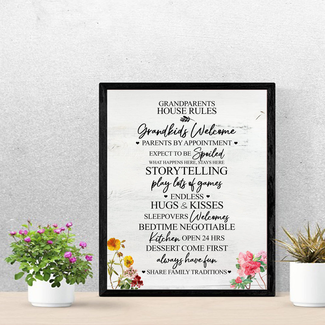 Grandparents House Rules Family Wall Art -11 x 14" Funny Typographic Poster Print-Ready to Frame. Inspirational Floral Decoration Home-Kitchen-Farmhouse Decor. Perfect Gift for Grandma &amp; Grandpa!