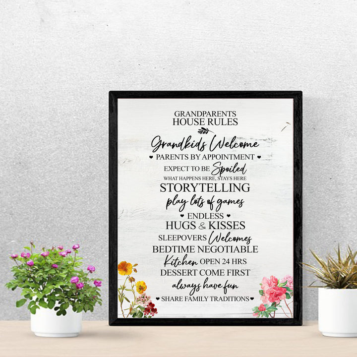 Grandparents House Rules Family Wall Art -11 x 14" Funny Typographic Poster Print-Ready to Frame. Inspirational Floral Decoration Home-Kitchen-Farmhouse Decor. Perfect Gift for Grandma &amp; Grandpa!
