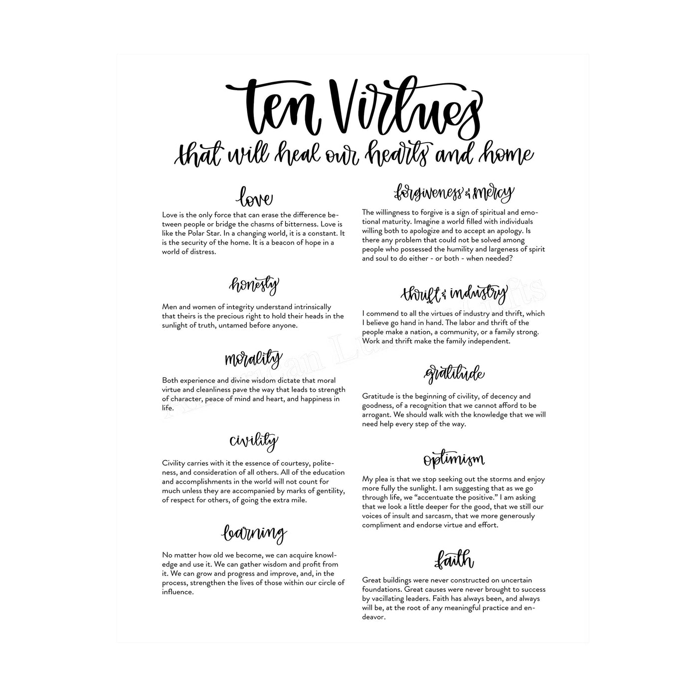 Ten Virtues That Will Heal Our Hearts & Home -Christian Wall Art Sign- 11 x 14" Inspirational Poster Print -Ready to Frame. Home-Office-Church-Welcome Decor. Perfect Rules of Faith & Family!