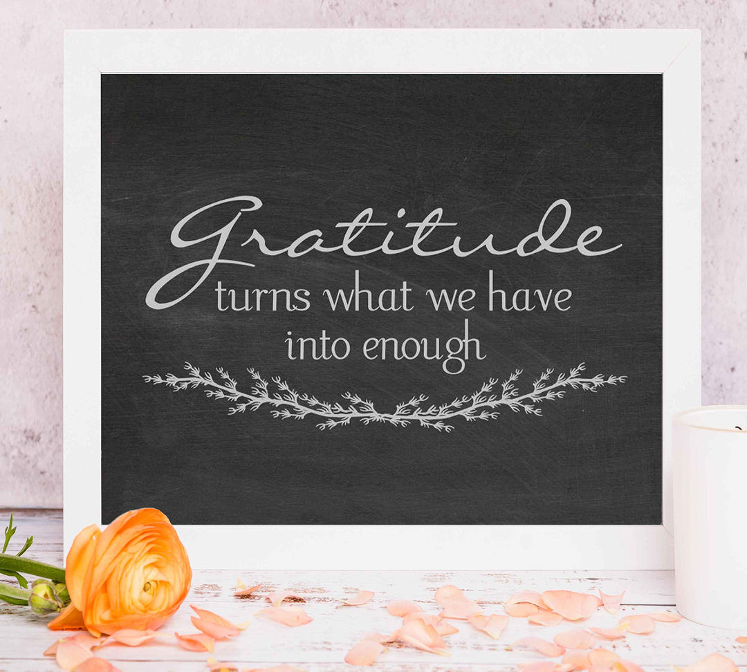 Gratitude-Turns What We Have Into Enough-Inspirational Wall Art- 10 x 8" Modern Typographic Print w/Distressed Wood Design-Ready to Frame. Home-Office-Family Room Decor. Great Positive Sign!