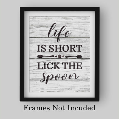 Life Is Short-Lick the Spoon Funny Kitchen Wall Art Sign -8x10" Inspirational Poster Print w/Distressed Wood Design-Ready to Frame. Rustic Home-Farmhouse-Dining Decor. Great Gift! Printed on Paper.