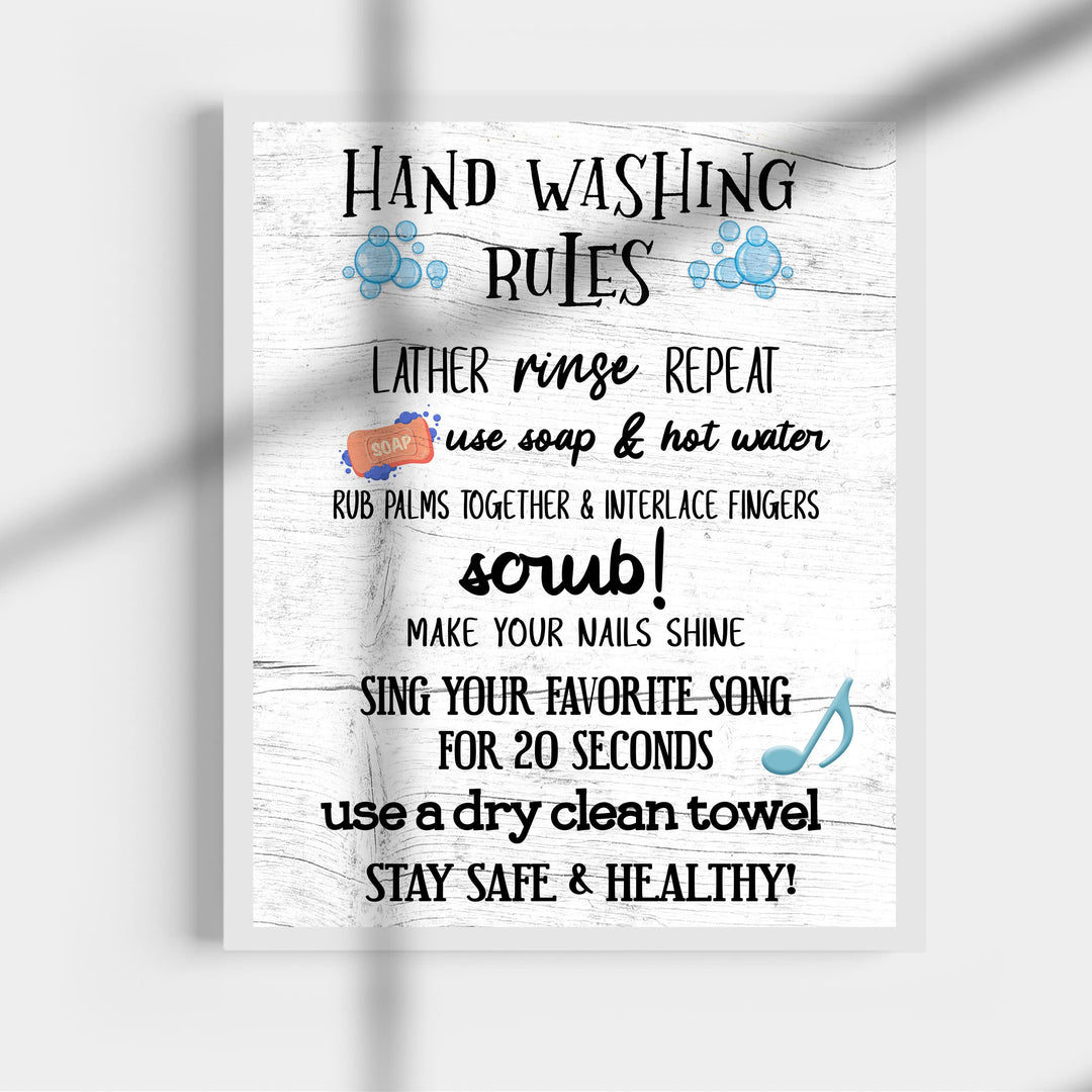 Hand Washing Rules-Lather, Rinse, Repeat- Fun Bathroom Wall Sign- 11x14" Rustic Art Print -Ready to Frame. Funny Home &amp; Bathroom Decor- Housewarming Wall Print. Perfect For Guests &amp; Kids Bathrooms.