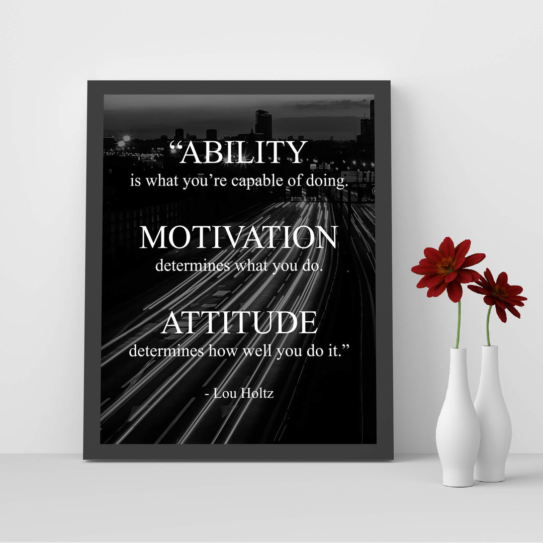 Lou Holtz Quotes-"Ability-Motivation-Attitude" Motivational Wall Art -8 x 10" Modern Typographic Print-Ready to Frame. Inspirational Home-Office-Work-Gym-Football Decor. Great Gift for Coach!