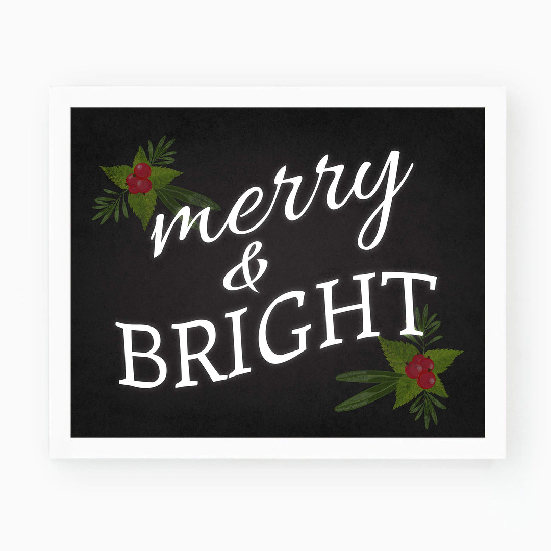 Merry &amp; Bright Christmas Decor Wall Art -10 x 8" Modern Holiday Art Print-Ready to Frame. Festive Home-Kitchen-Farmhouse Decor. Perfect Welcome Sign and Winter Decoration! Great Christian Gift!