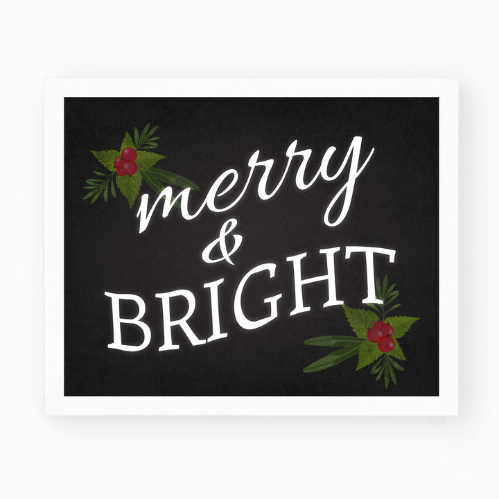 Merry &amp; Bright Christmas Decor Wall Art -10 x 8" Modern Holiday Art Print-Ready to Frame. Festive Home-Kitchen-Farmhouse Decor. Perfect Welcome Sign and Winter Decoration! Great Christian Gift!