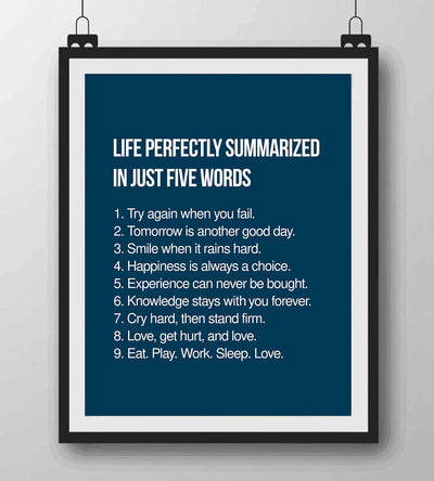 Life Perfectly Summarized In Five Words Inspirational Quotes Wall Sign -8 x 10" Modern Poster Print-Ready to Frame. Positive Home-Office-School-Motivational Decor. Perfect Life Lessons for All!