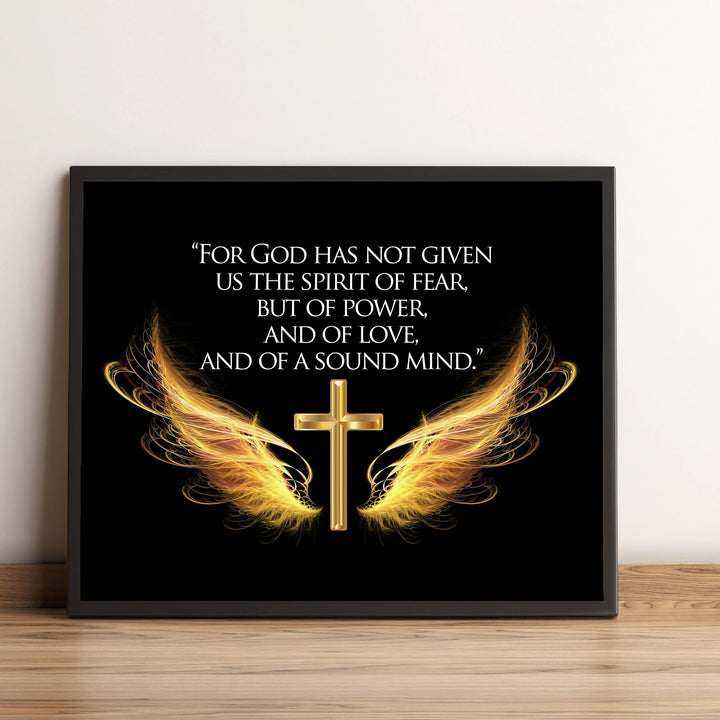 For God Has Given Us A Spirit of Power- 2 Timothy 1:7- Bible Verse Wall Art- 10 x 8" Scripture Wall Print w/Cross &amp; Angel Wings-Ready to Frame. Home-Office-Church Decor. Great Christian Gift!