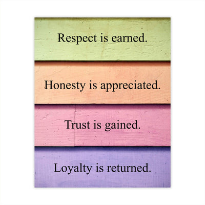 Respect Is Earned-Trust Is Gained Inspirational Life Quotes Wall Art-8 x 10" Typographic Print w/Replica Distressed Design-Ready to Frame. Rustic Home-Office-School Decor. Great Motivational Gift!