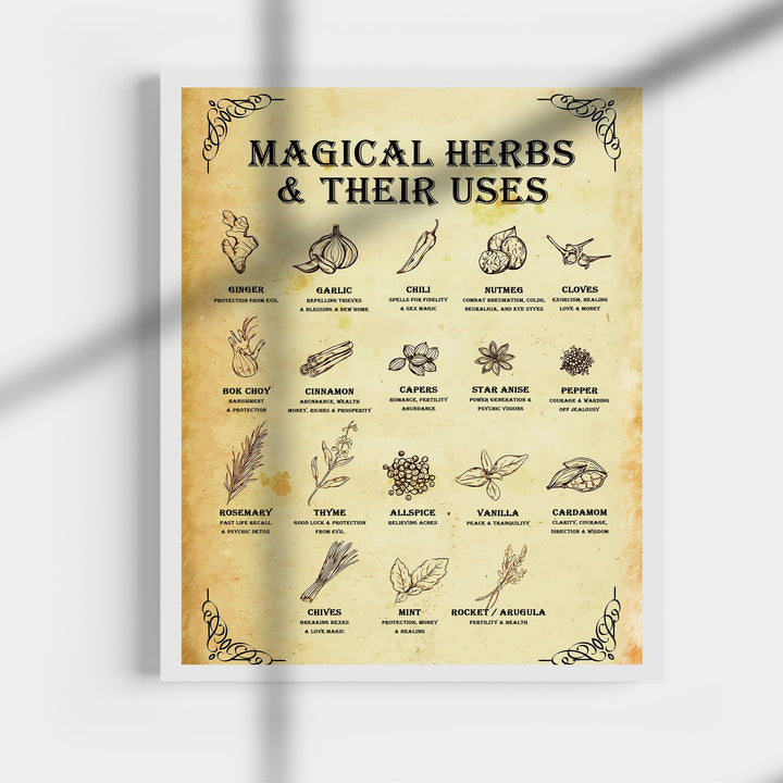 "Magical Herbs &amp; Their Uses" Mystical Garden Herb Wall Art Sign -11 x 14" Spells &amp; Magic Poster Print -Ready to Frame. Spiritual Farmhouse Sign for Home-Kitchen-Patio-Garage-Porch Decor!