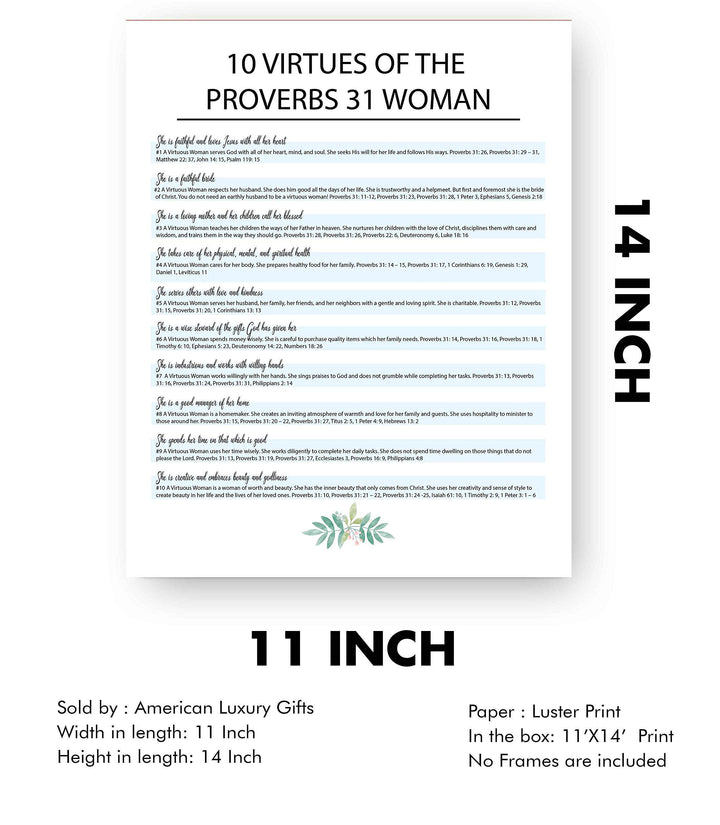 Ten Virtues of the Proverbs 31 Woman-Bible Verse Wall Art Sign -11 x 14" Scripture Wall Print-Ready to Frame. Inspirational Home-Office-Church Decor. Great Religious Gift for Christian Women!