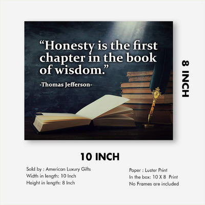 Thomas Jefferson-"Honesty Is the First Book in the Chapter of Wisdom"-Presidential History Quotes -10 x 8" Stacked Books Art Print-Ready to Frame. Inspirational Home-Office-School-Library Decor!