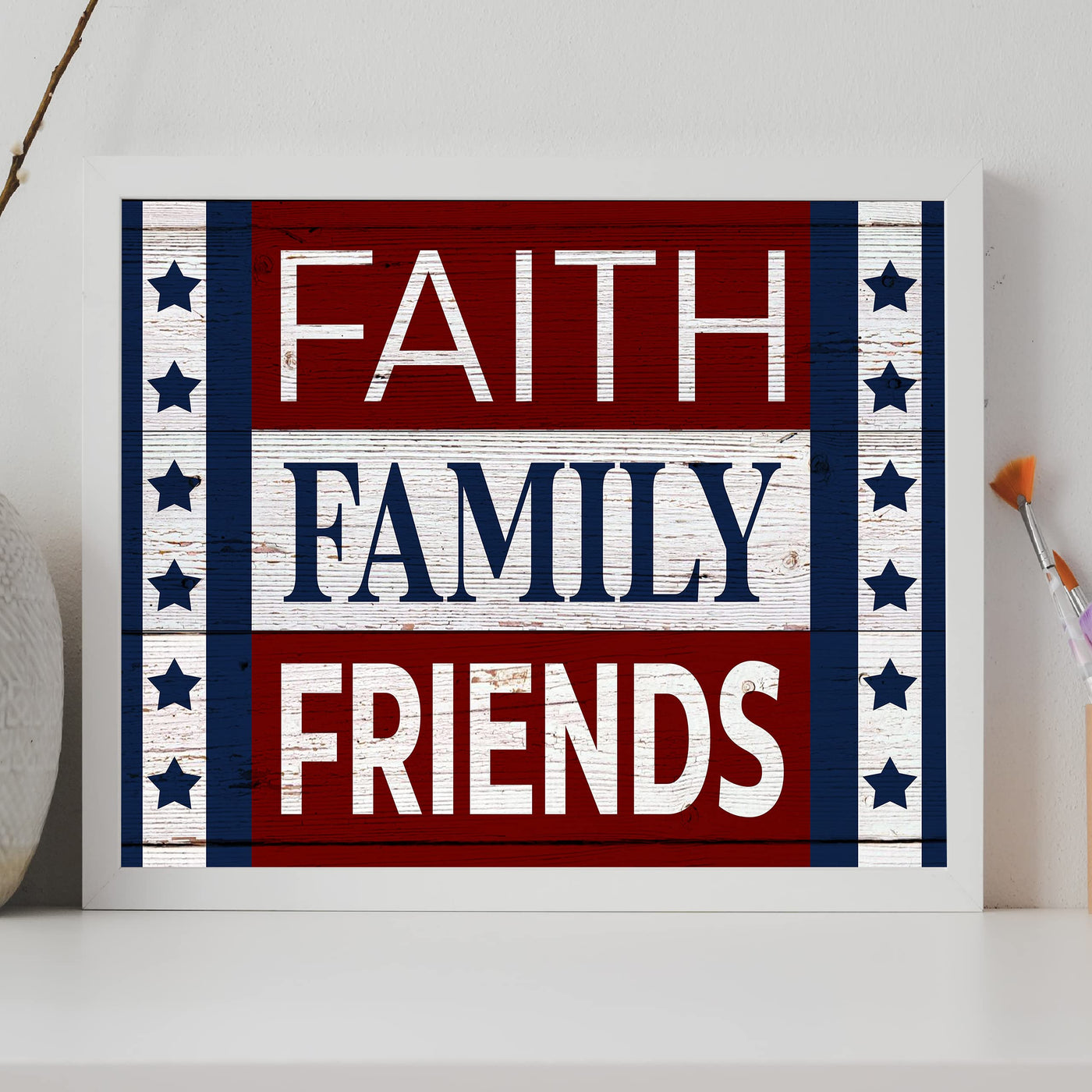 Faith-Family-Friends-Patriotic American Flag Print-14x11" Motivational Farmhouse Poster Print-Ready to Frame. Inspirational Home-Office-Christian-Welcome Decor. Great Gift! Printed on Photo Paper.